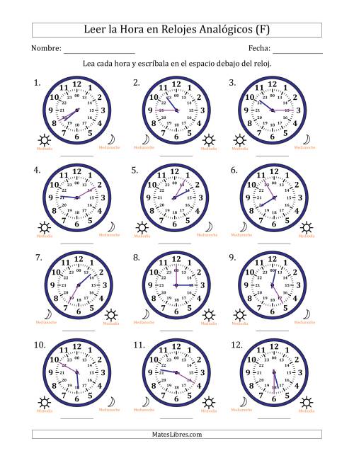 La hoja de ejercicios de Leer la Hora en Relojes Analógicos de 24 Horas en Intervalos de 5 Minuto (12 Relojes) (F)