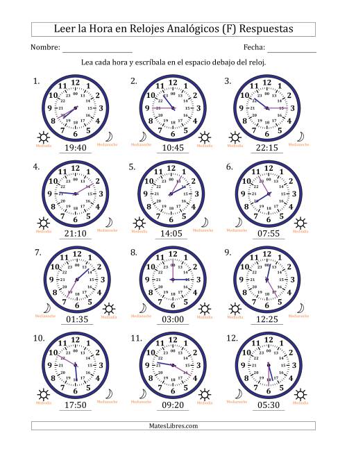 La hoja de ejercicios de Leer la Hora en Relojes Analógicos de 24 Horas en Intervalos de 5 Minuto (12 Relojes) (F) Página 2