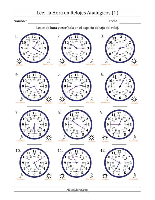 La hoja de ejercicios de Leer la Hora en Relojes Analógicos de 24 Horas en Intervalos de 5 Minuto (12 Relojes) (G)