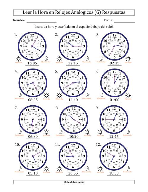 La hoja de ejercicios de Leer la Hora en Relojes Analógicos de 24 Horas en Intervalos de 5 Minuto (12 Relojes) (G) Página 2