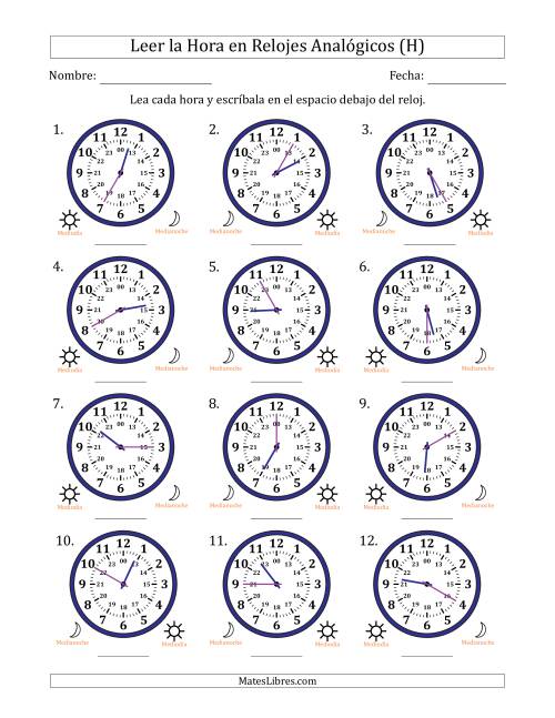 La hoja de ejercicios de Leer la Hora en Relojes Analógicos de 24 Horas en Intervalos de 5 Minuto (12 Relojes) (H)