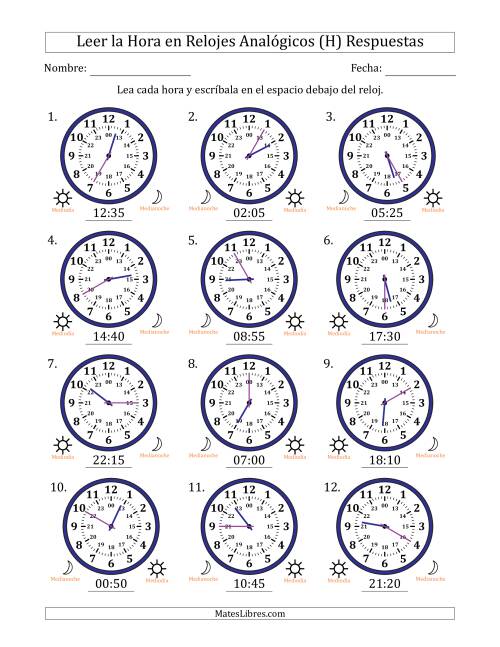 La hoja de ejercicios de Leer la Hora en Relojes Analógicos de 24 Horas en Intervalos de 5 Minuto (12 Relojes) (H) Página 2