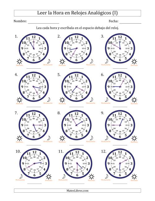 La hoja de ejercicios de Leer la Hora en Relojes Analógicos de 24 Horas en Intervalos de 5 Minuto (12 Relojes) (I)