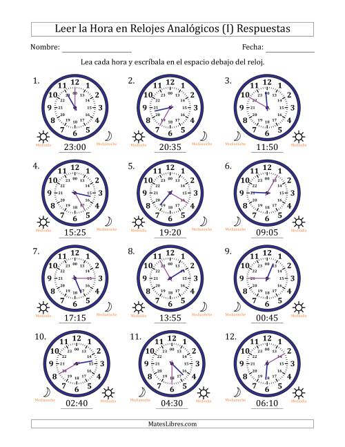 La hoja de ejercicios de Leer la Hora en Relojes Analógicos de 24 Horas en Intervalos de 5 Minuto (12 Relojes) (I) Página 2