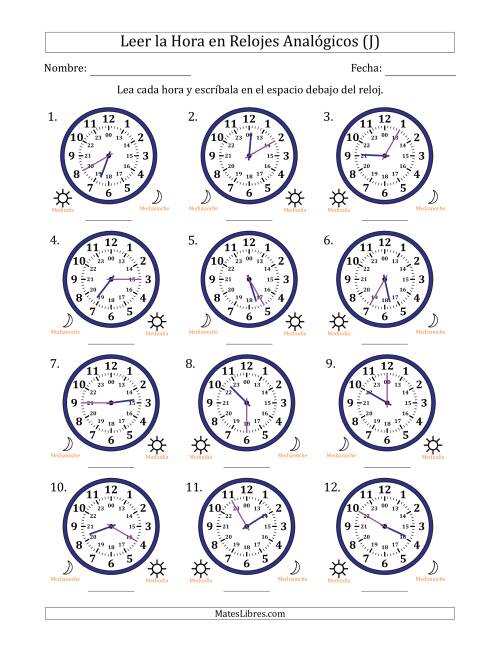 La hoja de ejercicios de Leer la Hora en Relojes Analógicos de 24 Horas en Intervalos de 5 Minuto (12 Relojes) (J)