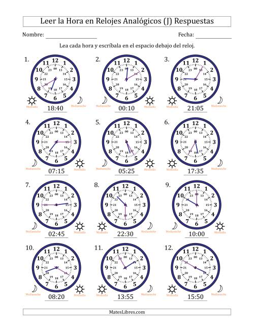 La hoja de ejercicios de Leer la Hora en Relojes Analógicos de 24 Horas en Intervalos de 5 Minuto (12 Relojes) (J) Página 2