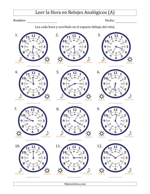 La hoja de ejercicios de Leer la Hora en Relojes Analógicos de 24 Horas en Intervalos de 5 Minuto (12 Relojes) (Todas)
