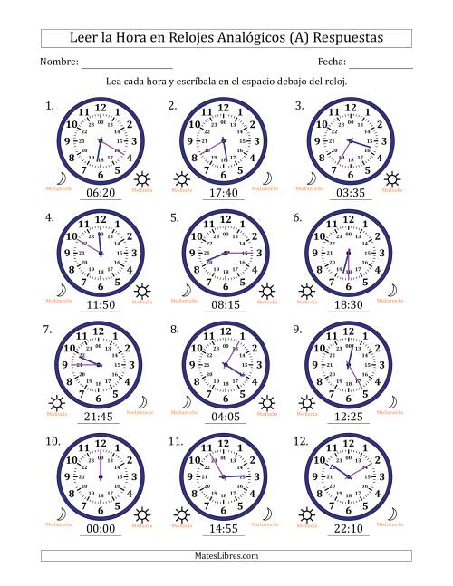 La hoja de ejercicios de Leer la Hora en Relojes Analógicos de 24 Horas en Intervalos de 5 Minuto (12 Relojes) (Todas) Página 2