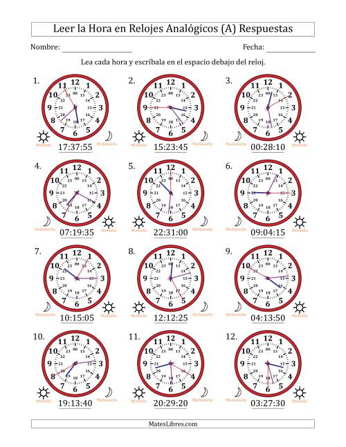 La hoja de ejercicios de Leer la Hora en Relojes Analógicos de 24 Horas en Intervalos de 5 Segundo (12 Relojes) (A) Página 2