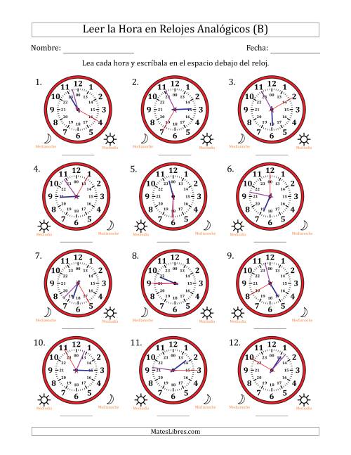 La hoja de ejercicios de Leer la Hora en Relojes Analógicos de 24 Horas en Intervalos de 5 Segundo (12 Relojes) (B)
