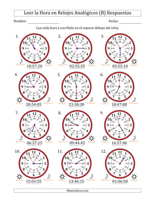 La hoja de ejercicios de Leer la Hora en Relojes Analógicos de 24 Horas en Intervalos de 5 Segundo (12 Relojes) (B) Página 2
