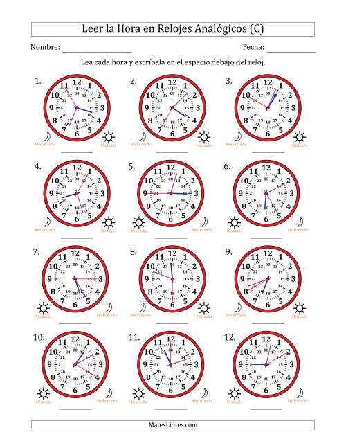 La hoja de ejercicios de Leer la Hora en Relojes Analógicos de 24 Horas en Intervalos de 5 Segundo (12 Relojes) (C)