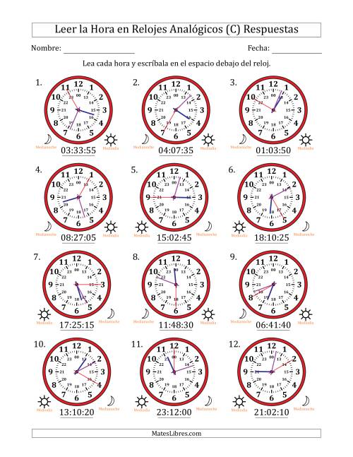 La hoja de ejercicios de Leer la Hora en Relojes Analógicos de 24 Horas en Intervalos de 5 Segundo (12 Relojes) (C) Página 2