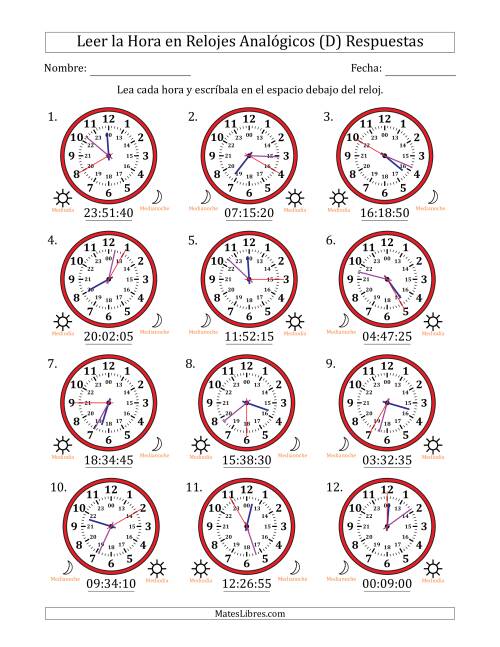 La hoja de ejercicios de Leer la Hora en Relojes Analógicos de 24 Horas en Intervalos de 5 Segundo (12 Relojes) (D) Página 2
