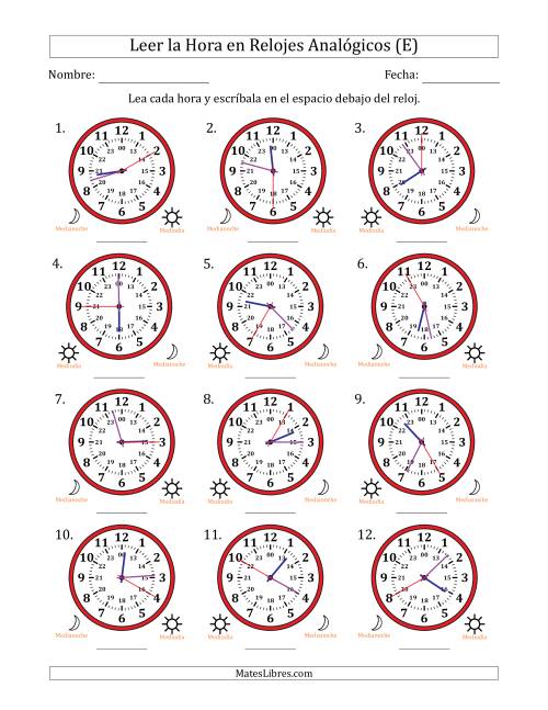 La hoja de ejercicios de Leer la Hora en Relojes Analógicos de 24 Horas en Intervalos de 5 Segundo (12 Relojes) (E)