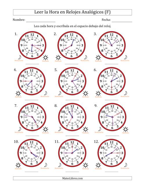 La hoja de ejercicios de Leer la Hora en Relojes Analógicos de 24 Horas en Intervalos de 5 Segundo (12 Relojes) (F)