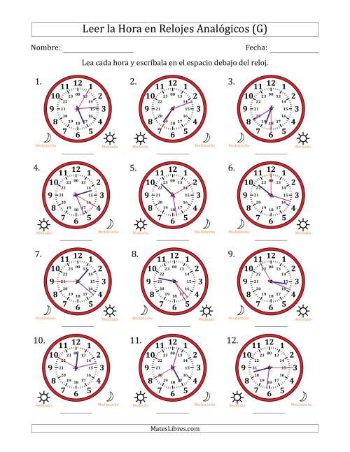 La hoja de ejercicios de Leer la Hora en Relojes Analógicos de 24 Horas en Intervalos de 5 Segundo (12 Relojes) (G)