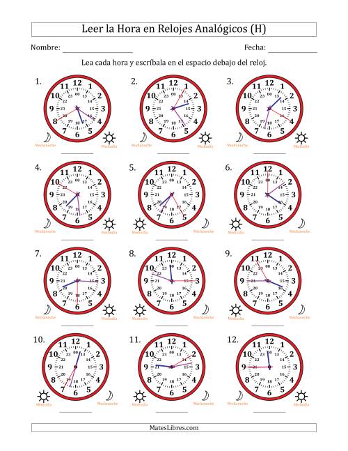 La hoja de ejercicios de Leer la Hora en Relojes Analógicos de 24 Horas en Intervalos de 5 Segundo (12 Relojes) (H)