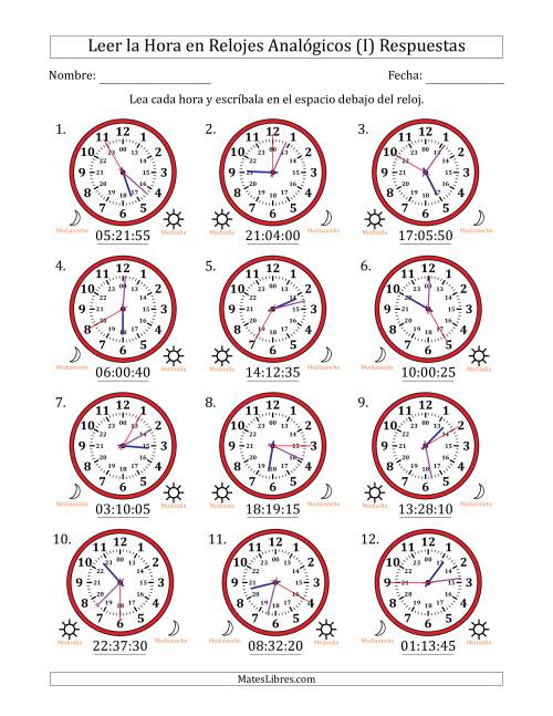La hoja de ejercicios de Leer la Hora en Relojes Analógicos de 24 Horas en Intervalos de 5 Segundo (12 Relojes) (I) Página 2