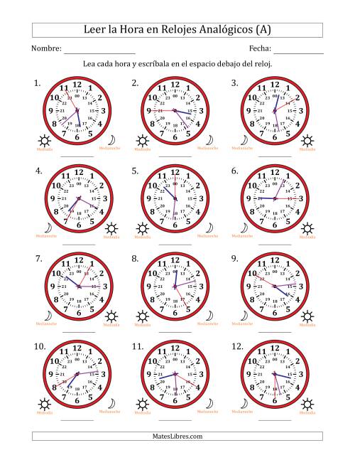 La hoja de ejercicios de Leer la Hora en Relojes Analógicos de 24 Horas en Intervalos de 5 Segundo (12 Relojes) (Todas)