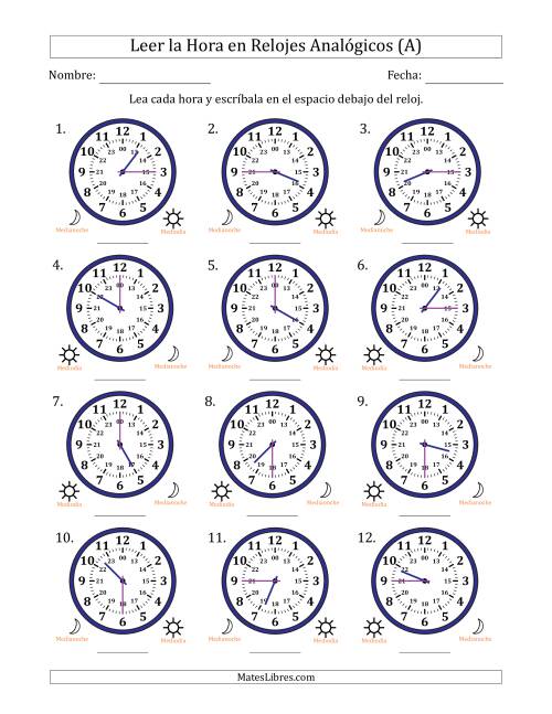 La hoja de ejercicios de Leer la Hora en Relojes Analógicos de 24 Horas en Intervalos de 15 Minuto (12 Relojes) (A)