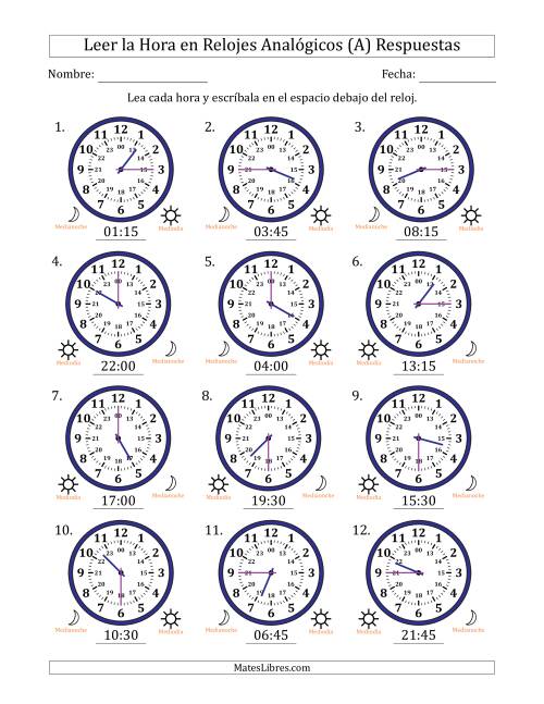 La hoja de ejercicios de Leer la Hora en Relojes Analógicos de 24 Horas en Intervalos de 15 Minuto (12 Relojes) (A) Página 2