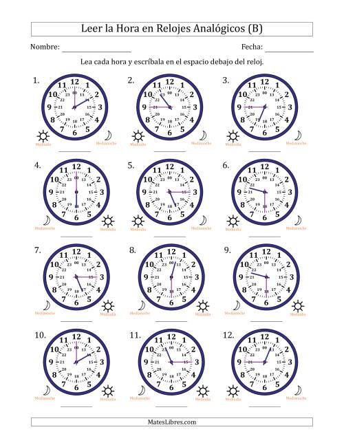 La hoja de ejercicios de Leer la Hora en Relojes Analógicos de 24 Horas en Intervalos de 15 Minuto (12 Relojes) (B)