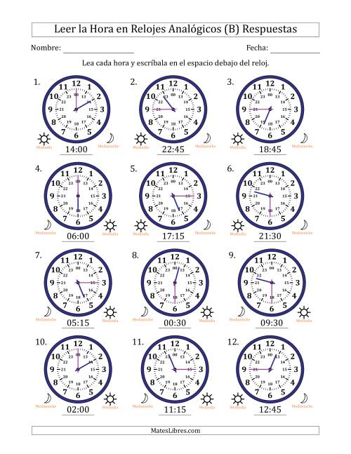 La hoja de ejercicios de Leer la Hora en Relojes Analógicos de 24 Horas en Intervalos de 15 Minuto (12 Relojes) (B) Página 2