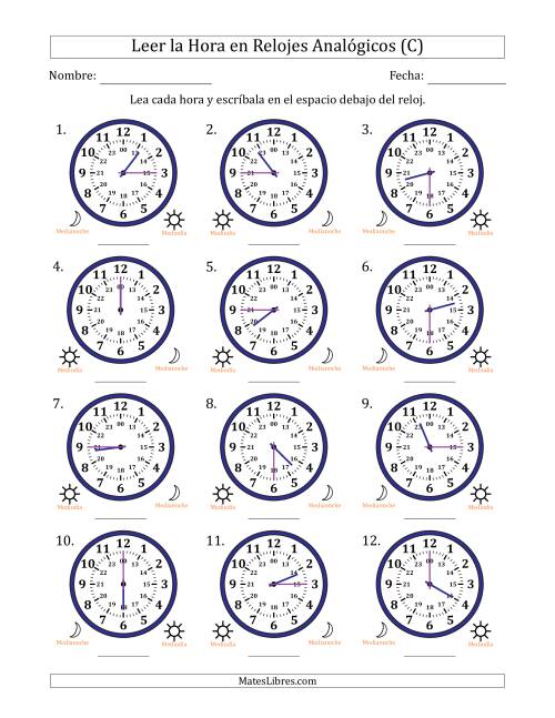 La hoja de ejercicios de Leer la Hora en Relojes Analógicos de 24 Horas en Intervalos de 15 Minuto (12 Relojes) (C)