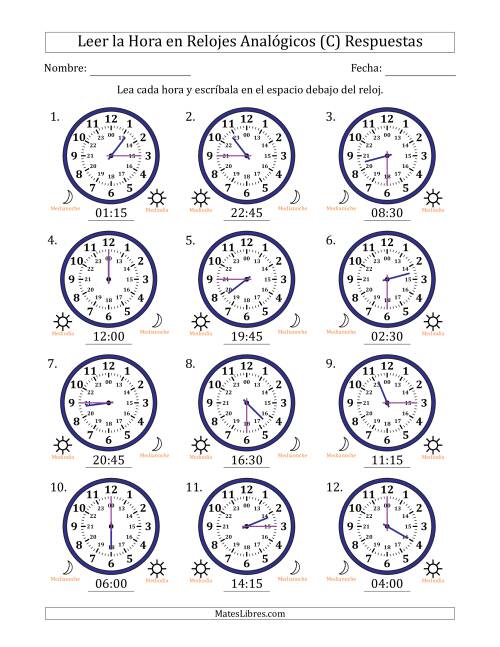 La hoja de ejercicios de Leer la Hora en Relojes Analógicos de 24 Horas en Intervalos de 15 Minuto (12 Relojes) (C) Página 2
