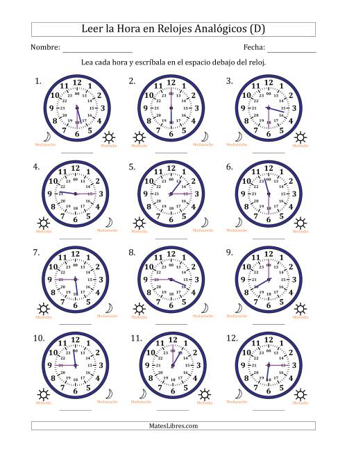 La hoja de ejercicios de Leer la Hora en Relojes Analógicos de 24 Horas en Intervalos de 15 Minuto (12 Relojes) (D)