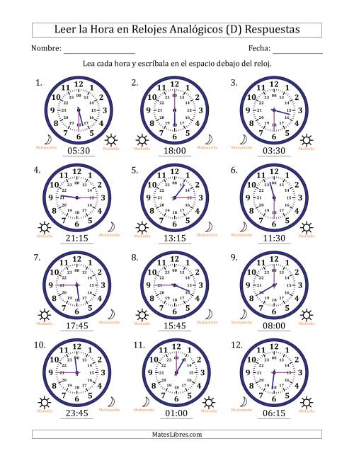 La hoja de ejercicios de Leer la Hora en Relojes Analógicos de 24 Horas en Intervalos de 15 Minuto (12 Relojes) (D) Página 2
