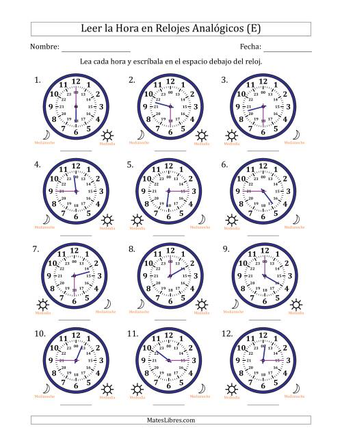 La hoja de ejercicios de Leer la Hora en Relojes Analógicos de 24 Horas en Intervalos de 15 Minuto (12 Relojes) (E)