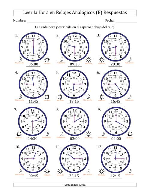 La hoja de ejercicios de Leer la Hora en Relojes Analógicos de 24 Horas en Intervalos de 15 Minuto (12 Relojes) (E) Página 2