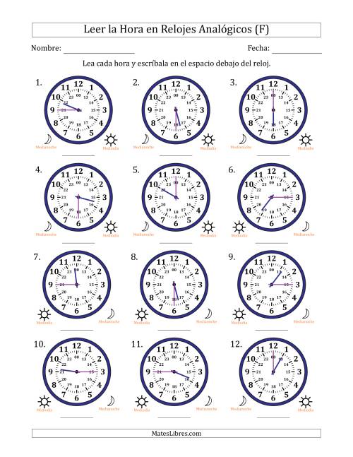 La hoja de ejercicios de Leer la Hora en Relojes Analógicos de 24 Horas en Intervalos de 15 Minuto (12 Relojes) (F)