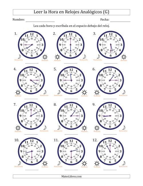 La hoja de ejercicios de Leer la Hora en Relojes Analógicos de 24 Horas en Intervalos de 15 Minuto (12 Relojes) (G)