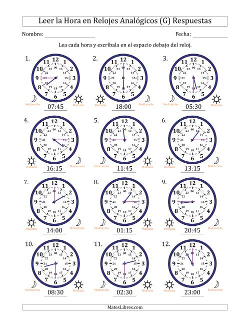 La hoja de ejercicios de Leer la Hora en Relojes Analógicos de 24 Horas en Intervalos de 15 Minuto (12 Relojes) (G) Página 2