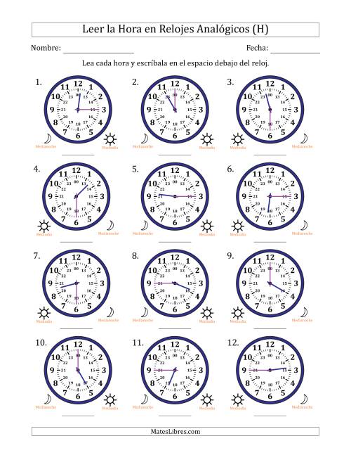 La hoja de ejercicios de Leer la Hora en Relojes Analógicos de 24 Horas en Intervalos de 15 Minuto (12 Relojes) (H)