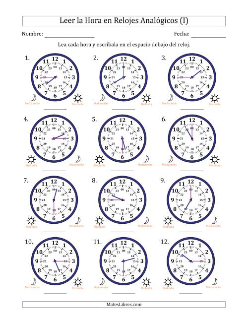 La hoja de ejercicios de Leer la Hora en Relojes Analógicos de 24 Horas en Intervalos de 15 Minuto (12 Relojes) (I)