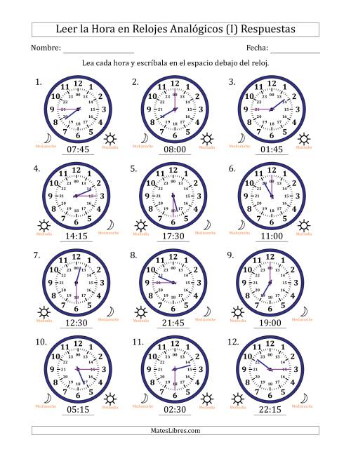 La hoja de ejercicios de Leer la Hora en Relojes Analógicos de 24 Horas en Intervalos de 15 Minuto (12 Relojes) (I) Página 2