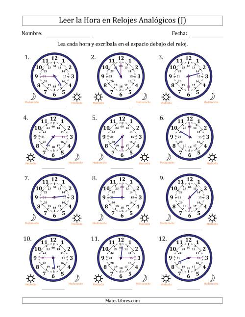 La hoja de ejercicios de Leer la Hora en Relojes Analógicos de 24 Horas en Intervalos de 15 Minuto (12 Relojes) (J)