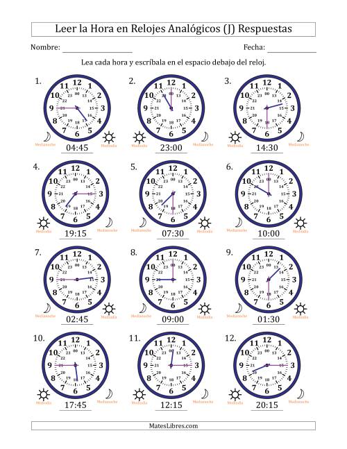 La hoja de ejercicios de Leer la Hora en Relojes Analógicos de 24 Horas en Intervalos de 15 Minuto (12 Relojes) (J) Página 2