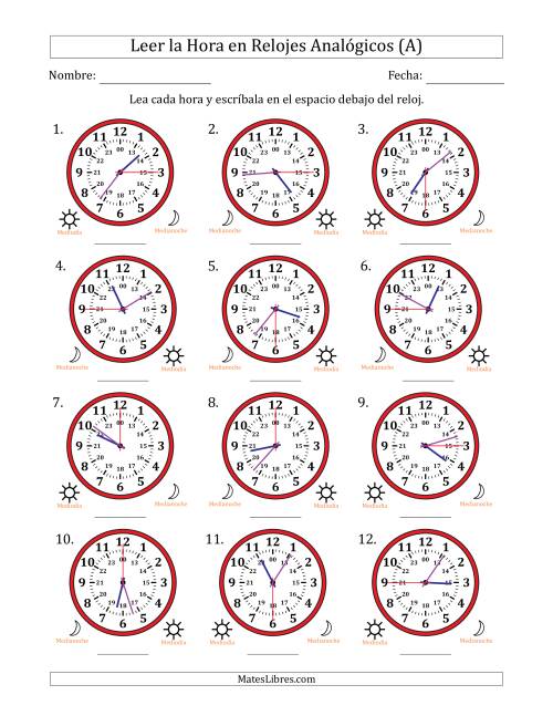 La hoja de ejercicios de Leer la Hora en Relojes Analógicos de 24 Horas en Intervalos de 15 Segundo (12 Relojes) (A)