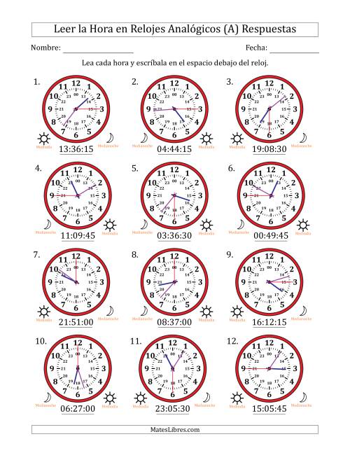 La hoja de ejercicios de Leer la Hora en Relojes Analógicos de 24 Horas en Intervalos de 15 Segundo (12 Relojes) (A) Página 2