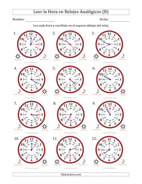 La hoja de ejercicios de Leer la Hora en Relojes Analógicos de 24 Horas en Intervalos de 15 Segundo (12 Relojes) (B)