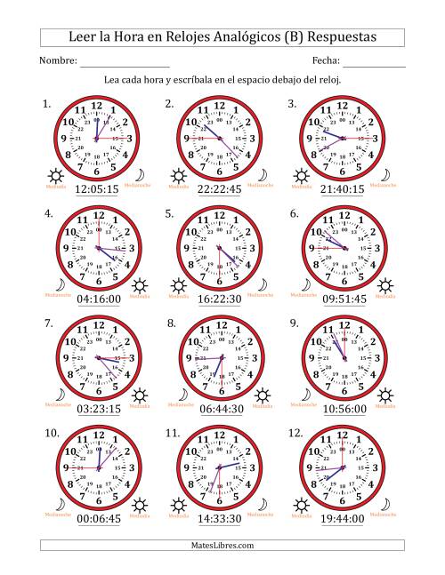 La hoja de ejercicios de Leer la Hora en Relojes Analógicos de 24 Horas en Intervalos de 15 Segundo (12 Relojes) (B) Página 2