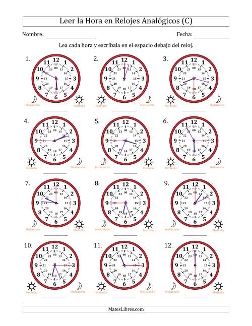 La hoja de ejercicios de Leer la Hora en Relojes Analógicos de 24 Horas en Intervalos de 15 Segundo (12 Relojes) (C)