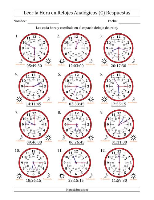 La hoja de ejercicios de Leer la Hora en Relojes Analógicos de 24 Horas en Intervalos de 15 Segundo (12 Relojes) (C) Página 2