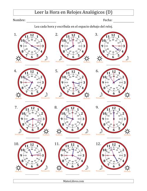 La hoja de ejercicios de Leer la Hora en Relojes Analógicos de 24 Horas en Intervalos de 15 Segundo (12 Relojes) (D)