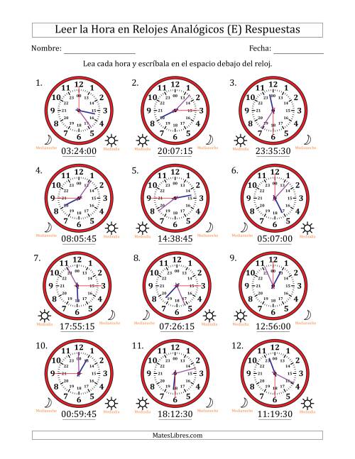La hoja de ejercicios de Leer la Hora en Relojes Analógicos de 24 Horas en Intervalos de 15 Segundo (12 Relojes) (E) Página 2